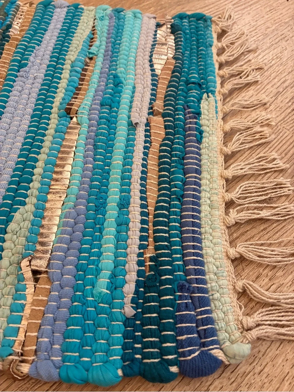 Small Handwoven Blue Stripe Cotton Accent Rug / Mat
